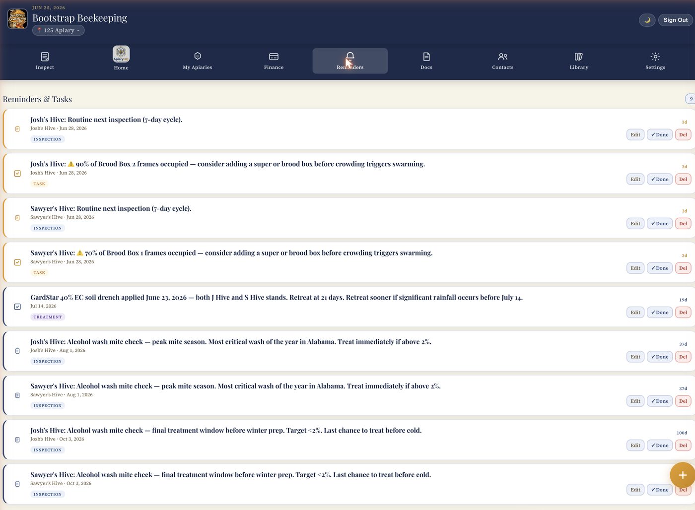 Apiary HQ reminders showing inspection cycles, GardStar treatment retreat reminder with rain caveat, and varroa wash schedule