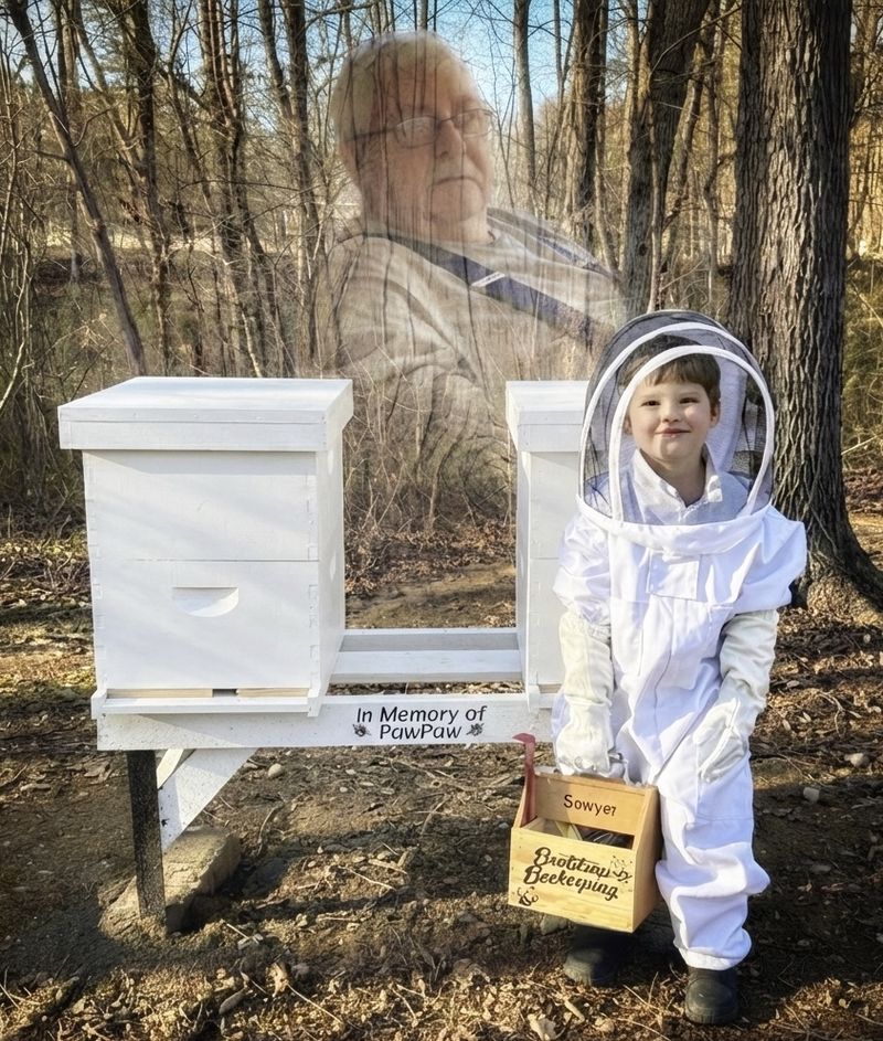 Sawyer at the hives with PawPaw watching over